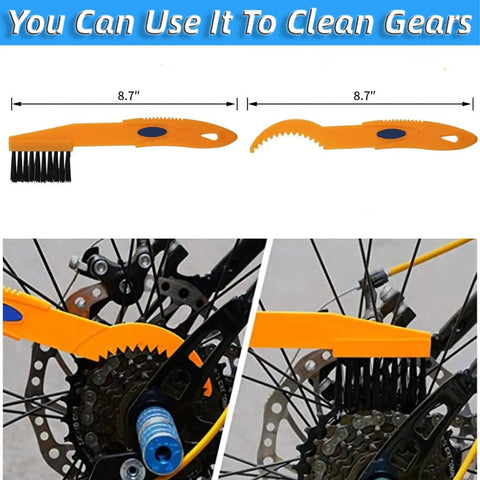Close-up of 7 Piece Bike Cleaning Brush Kit For Chain And Frame showing gear brush cleaning bicycle gears.