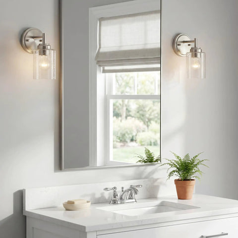 Bathroom with Winslow 9.25 Inch Wall Sconce in Brushed Nickel with Clear Seeded Glass 1 Light Modern Wall Mount Fixture