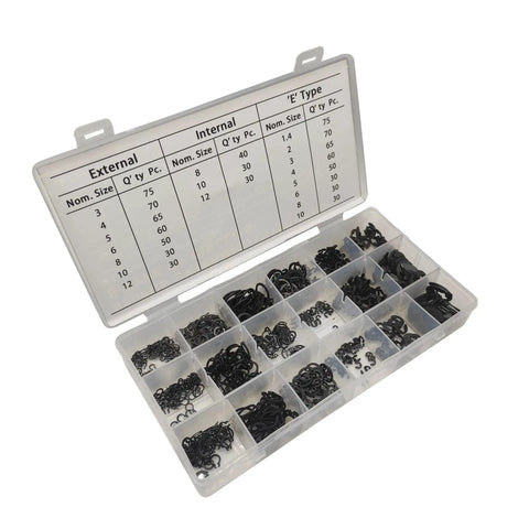 Beefy 890 Piece External Retaining Ring Kit With E Clips And Circlips For Shafts M1.2 To M15 Black Carbon Steel Case