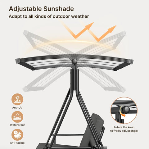 Close-up of adjustable sunshade on Three Seat Patio Swing With Canopy 2 In 1 Convertible Bed Heavy Duty Outdoor Porch Swing Chair