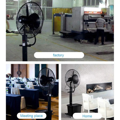 Kick Some Serious Heat With This Heavy Duty Misting Floor Fan Featuring Smooth Oscillation Adjustable Height Settings And Blazing Airflow For Total Summer Relief in various settings including a factory, meeting place, and home.