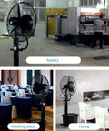 Heavy Duty Industrial Mist Fan With Adjustable Height Stand in factory, meeting place, and home settings.