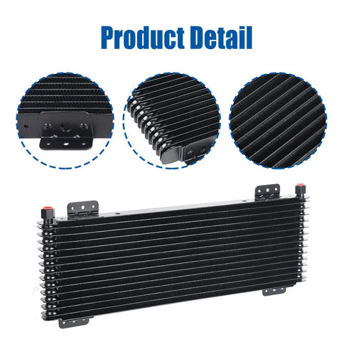 Low Pressure Drop Transmission Oil Cooler Kit Black 8.5 By 22.75 By 1.3 Inches With Mounting Hardware For Heavy Duty Rigs And Trucks Up To 40,000 GVW LPD47391, close-up of black cooling fins and mounting brackets
