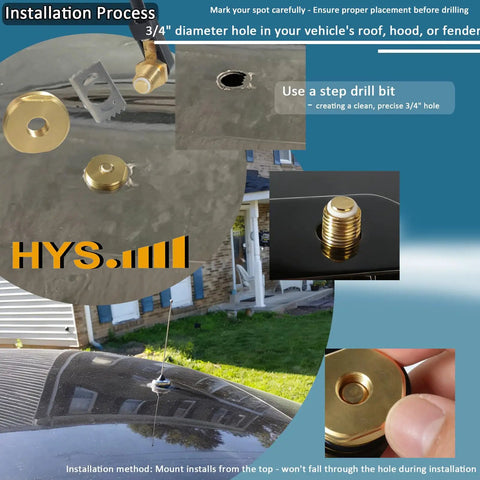 Installation process for Rugged Vehicle Trunk Lid Hole Mount Antenna Bracket, showcasing 3/4" hole drilling and antenna setup.