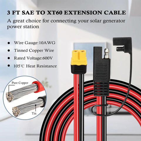 3ft 10 AWG SAE to XT60 Extension Cable with Polarity Reverse Adapter for Portable Power Stations and Solar Panels