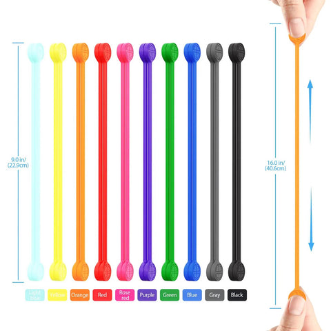 Reusable Magnetic Silicone Cable Ties 9 Inch Twist Ties For Cord Organization And Bundling Easy Wrap And Tie Durable Flexible Magnets, 10 colors, showing 16 inch stretch in hand