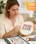 Person using DIY Embroidery Stitch Book Kit With Illustrated Guide To 106 Universal Stitches And 86 Piece Sewing Tool Kit