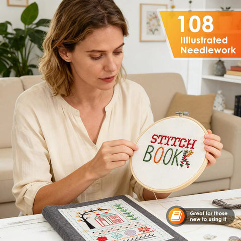 Person using DIY Embroidery Stitch Book Kit With Illustrated Guide To 106 Universal Stitches And 86 Piece Sewing Tool Kit