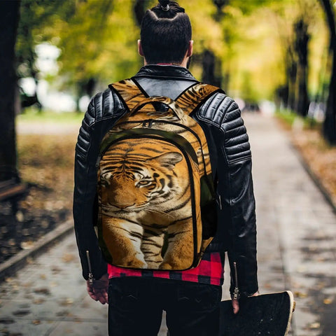 Person walking with Wild Rock Tiger Printed Backpack for Men and Women, Large Capacity Daypack, on a tree-lined path.