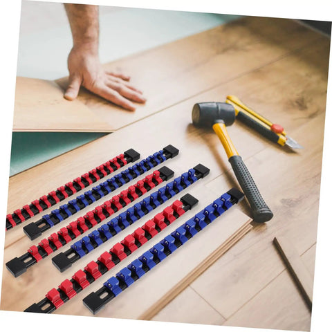 Slick 6 Piece Socket Organizer Tray With Fast Match Labels And Chunky Base For Rock Solid Stability Heavy Duty Abs Build on a wooden surface.