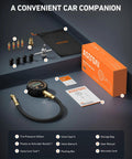 AstroAI tire pressure gauge kit with brass core, rubber hose, air bleed valve, adapters; orange box and storage bag.