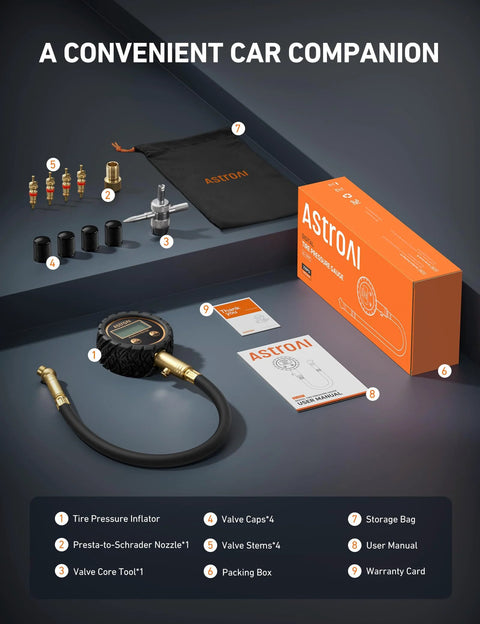 AstroAI tire pressure gauge kit with brass core, rubber hose, air bleed valve, adapters; orange box and storage bag.