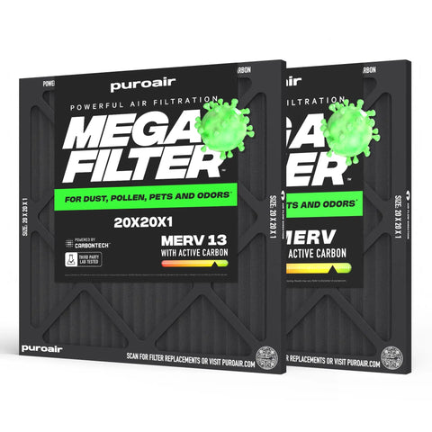 MegaFilter 20x20x1 Air Filter MERV 13 Activated Carbon Tech Defense 2 Pack displayed in packaging