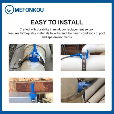 MEFONKOU blue temperature sensor with 20-ft cable mounted on pool pipes; four views: front, side, close-up, installed.