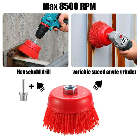 4 Inch Nylon Filament Cup Brush Set, 3 Pack With 5/8 Inch-11 Thread For Angle Grinder And 1/4 Inch Drill Shank Arbor, Coarse Abrasive Nylon Bristles for Rust Removal, Deburring, Blending Edges, And Truck Bed Liner Prep