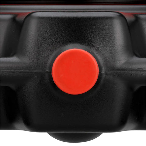 Close-up of Lightweight 15 Quart Oil Change Pan with red filter drain screen and large 8 inch drain opening.