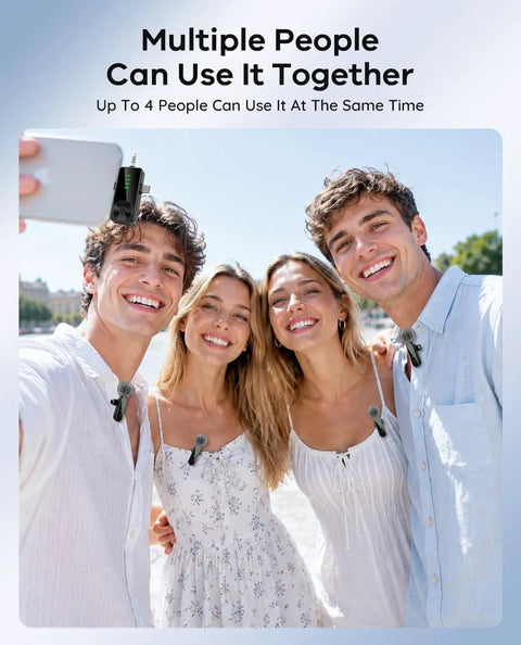 Group using Four Pack Wireless Lavalier Microphones Kit For iPhone Android And Cameras Upgraded Mini Mics With Noise Reduction