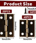60 Pcs Mini Hinges Set For Crafts 0.7 Inch And 0.94 Inch Cabinet Drawer Hinges With Screws display, showing sizes and quantity