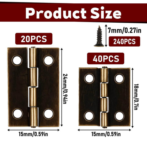 60 Pcs Mini Hinges Set For Crafts 0.7 Inch And 0.94 Inch Cabinet Drawer Hinges With Screws display, showing sizes and quantity