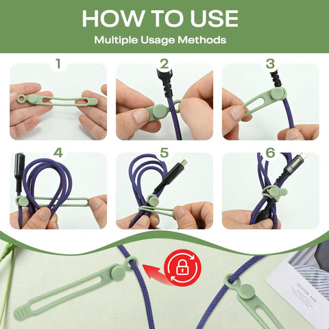 Steps to use Silicone Cable Ties Reusable Elastic Wire Organizer Ties For Charging Cables And Electrical Cords USB Data Management.