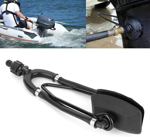 Universal Outboard Dual Water Feed Rectangular Motor Flusher with black molded cups and self-adjusting yoke for boat engines.