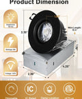 Canless Recessed Gimbal Downlight 3 Inch Eyeball Spotlight 8W Dimmable with 5 CCT Adjustable, shown with dimensions and features.