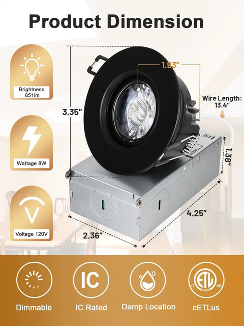 Canless Recessed Gimbal Downlight 3 Inch Eyeball Spotlight 8W Dimmable with 5 CCT Adjustable, shown with dimensions and features.