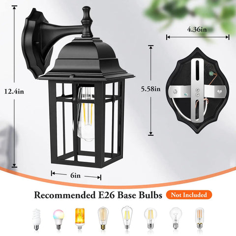 Two Pack All Weather Outdoor Wall Lanterns, Waterproof Aluminum Porch Lights With Clear Glass and Black Finish dimensions