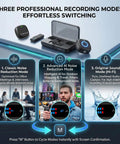 Wireless Lavalier Microphone for iPhone Android and PC With 60-Hour Battery 48KHz 24Bit Audio showcasing three recording modes.