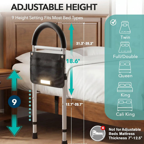 Senior Bed Rail With Adjustable Height And Light Pocket next to bed showing measurement guidelines