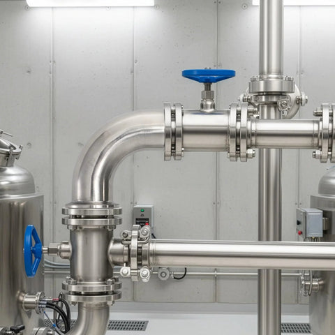 Stainless steel sanitary ferrule elbow 90° with tri-clamp fittings and blue handwheel valve