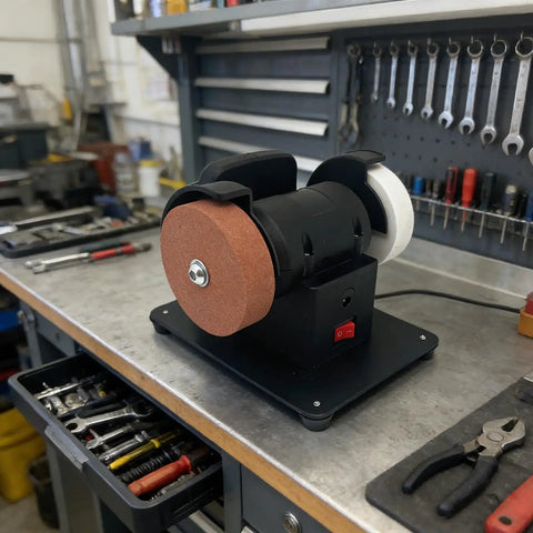 Heavy Duty Bench Grinder With Debris Guard And Anti Slip Base For 18V Lithium Batteries stable operation on workshop bench.