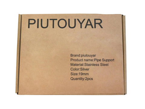 Front view of Piutouyar pipe support packaging box, stainless steel, silver, 19mm, 2pcs