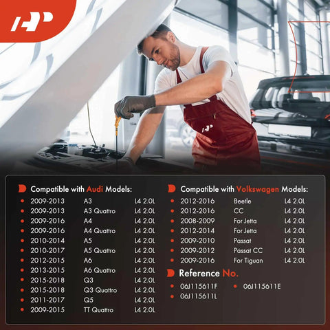 Mechanic using 2.0L 4 Cylinder Engine Oil Dipstick for Audi and VW cars with compatibility chart for models and years