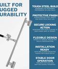 55-Inch Cam Bar Door Lock For Enclosed Trailers And RVs, zinc-plated steel latch shown with text about durability and installation.
