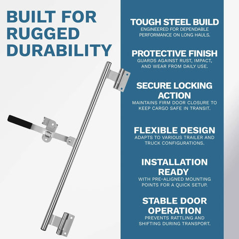 55-Inch Cam Bar Door Lock For Enclosed Trailers And RVs, zinc-plated steel latch shown with text about durability and installation.