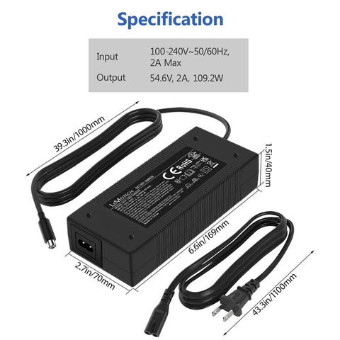 54.6V 2A UL Listed Electric Scooter Charger Replacement For Hiboy Gotrax GXL Jetson Razor And More with cable dimensions