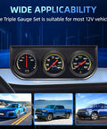 Dope 2 Inch 52mm Triple Gauge Kit For Car Dash Mount on vehicle dashboard, showing oil pressure, water temperature, and ammeter readings