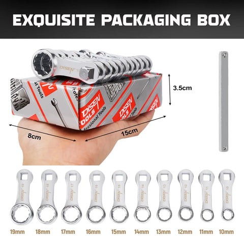 10 Piece Metric Torque Wrench Adapter Set 10mm To 19mm in Chrome Vanadium Steel with Color Box Packaging shown in hand