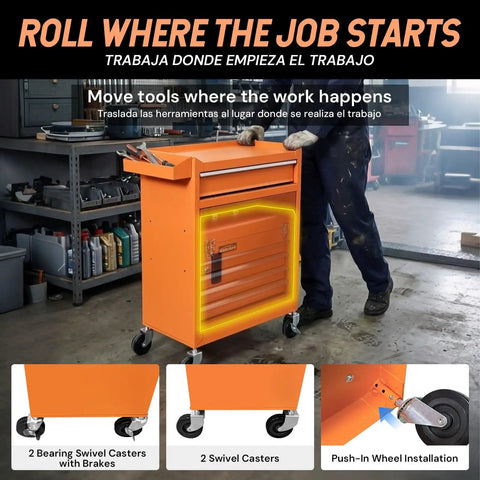 Orange 5-Drawer Rolling Tool Chest With Wheels Top Chest And Bottom Cabinet Locking Door Side Tray Pegboard Hooks for Garage Workshop