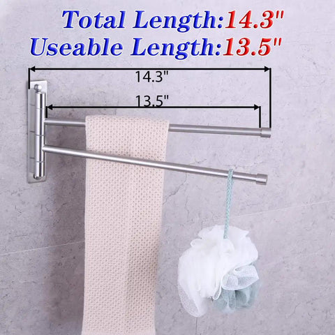 Two Arm Bathroom Swing Arm Towel Bar Wall Mount In Stainless Steel Brushed Finish with towel and loofah hanging
