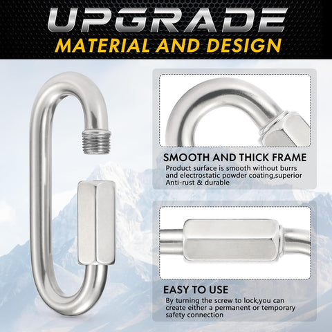 Heavy Duty 304 Stainless Steel Chain Quick Links Set Of 6 3.2 Inch with screw carabiner showing smooth frame and easy use details
