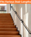 Heavy Duty Metal Pipe Stair Railing And Indoor Handrails Built For Outdoor Steps Featuring Slick Adjustable Corners And A No Sweat Install Across 3 Foot Sections on wooden stairs.