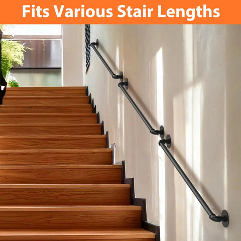 Heavy Duty Metal Pipe Stair Railing And Indoor Handrails Built For Outdoor Steps Featuring Slick Adjustable Corners And A No Sweat Install Across 3 Foot Sections on wooden stairs.