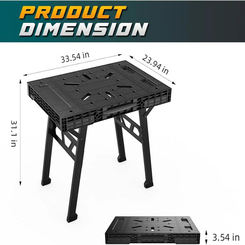 Foldable Work Bench Portable Work Table Beefy 1650 Lbs Capacity 34 Inch Wide 25 Inch Deep 31 Inch High Lightweight Easy Fold Space Saving