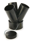 Real Deal 6 To 4 Inch Dust Collector Port Splitter Molded From Rugged Abrasion Resistant Abs with three 4-inch outlets.