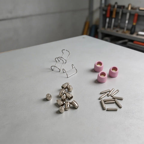 26-Pack Plasma Cutter Consumables Kit For AG60 SG55 CUT55 displaying copper electrodes, pink nozzles, and wire guides on a workspace.