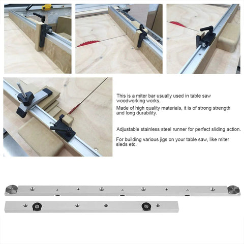 Aluminum Miter Rail Slider for Table Saw and Router Tables Slick Glide Miter Bar Track for Woodworking 300mm Length Diagonal Miter Slot Runner Heavy Duty Aluminum Alloy close-up with saw blade