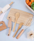 Totally Awesome Wooden Kitchen Play Set For Toddlers Includes Seven Piece Children Cooking Utensils Collection with cutting board, rolling pin, and safe knives.