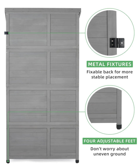 Back of Outdoor Cedar Wood Storage Shed With Metal Top Built To Last Tall Vertical Tool Cabinet, showing fixtures and adjustable feet